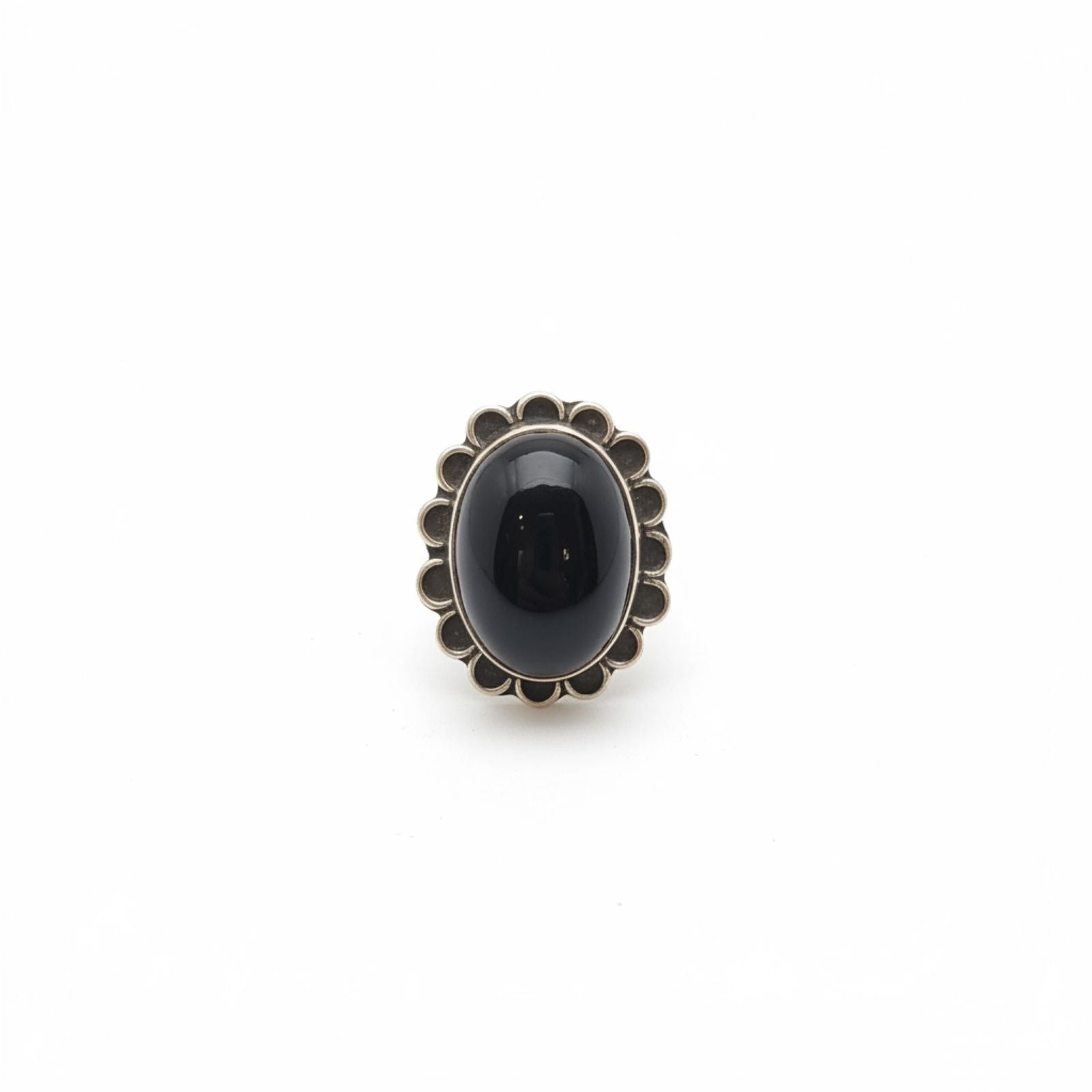 Anillo Ajustable Ónix Negro Marco Floral Oxidado en Plata 925 — Protección Vintage