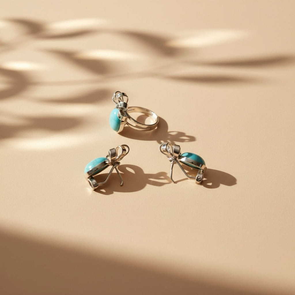 Set Turquesa Floral Anillo Talla #8 y Aretes en Plata 925 — Naturaleza Botánica Elegante