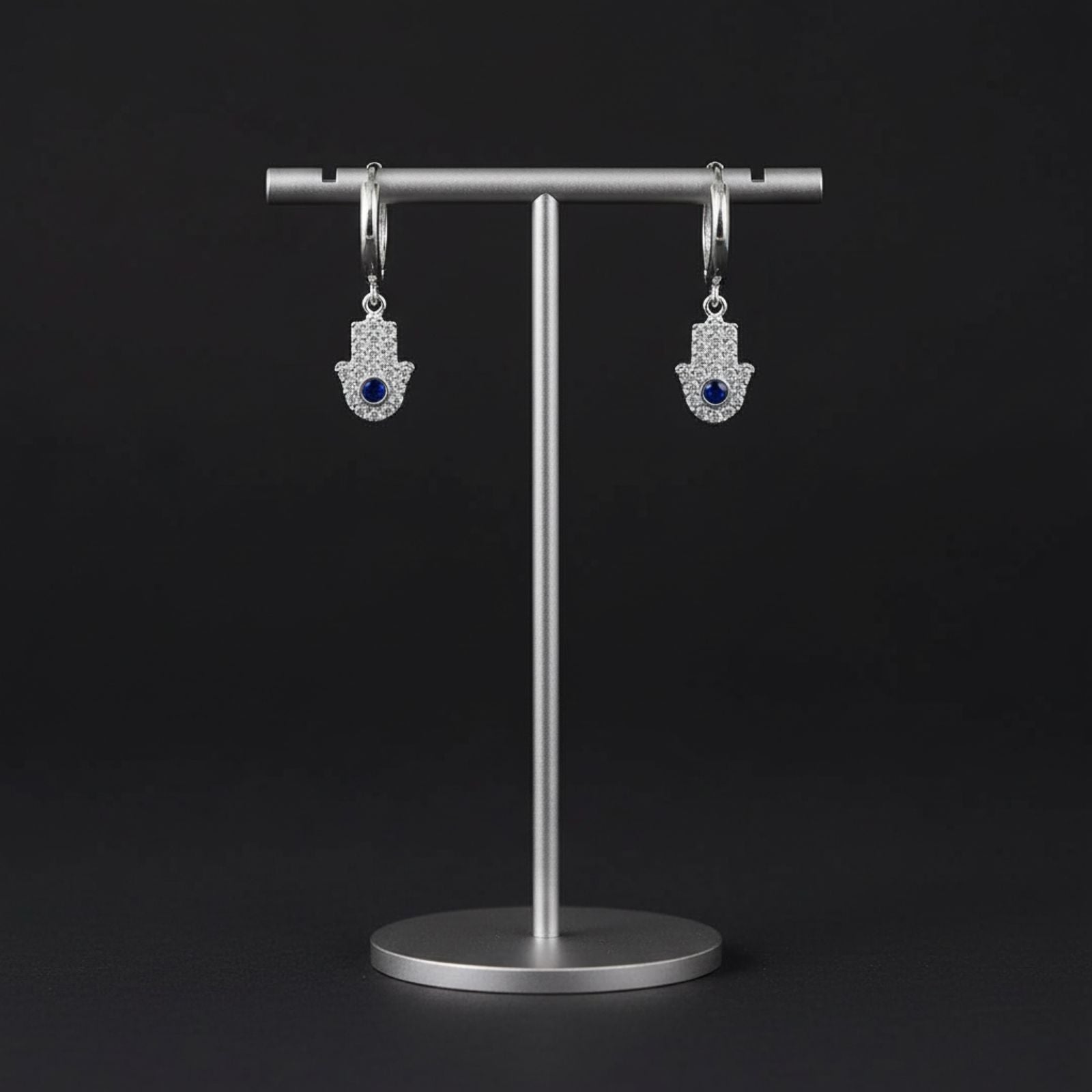 Aretes Argolla Mano de Fátima Pavé con Piedra Azul en Plata 925 — Protección en Movimiento