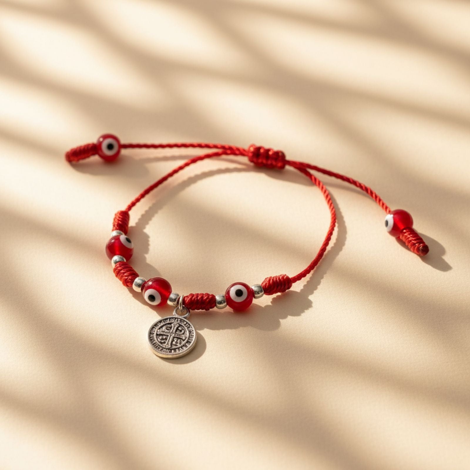 Pulsera Hilo Rojo San Benito con Ojos Turcos en Plata 925 — Amuleto de Protección